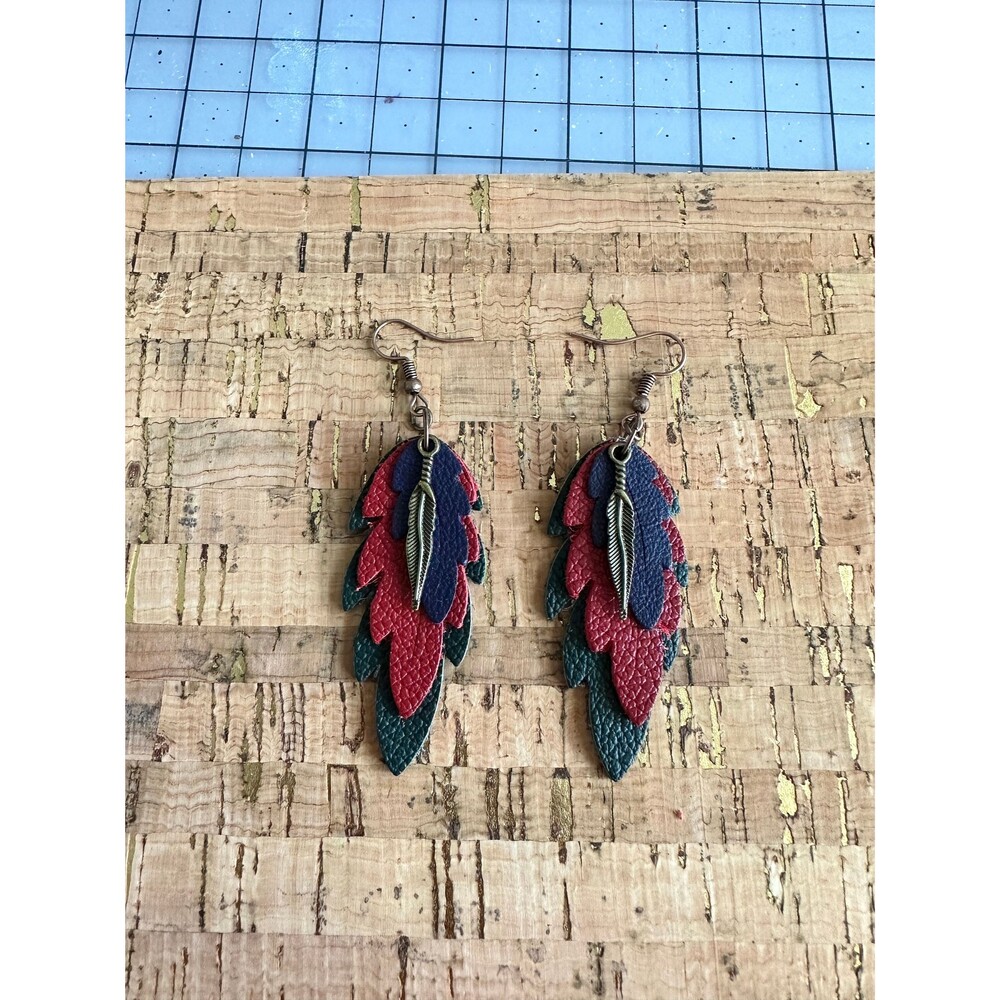 Handmade Multi-Layer Leather Feather Earrings - Textured Green Orange Burgundy